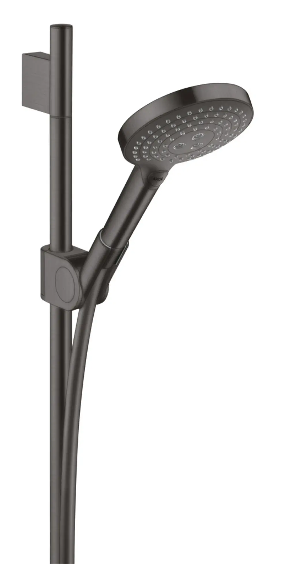 Handbrause mit runder Kopfplatte und mehreren Strahlarten, montiert an einer verstellbaren Wandhalterung. Schwarz-nickelne Oberfläche. Produkt von AXOR.